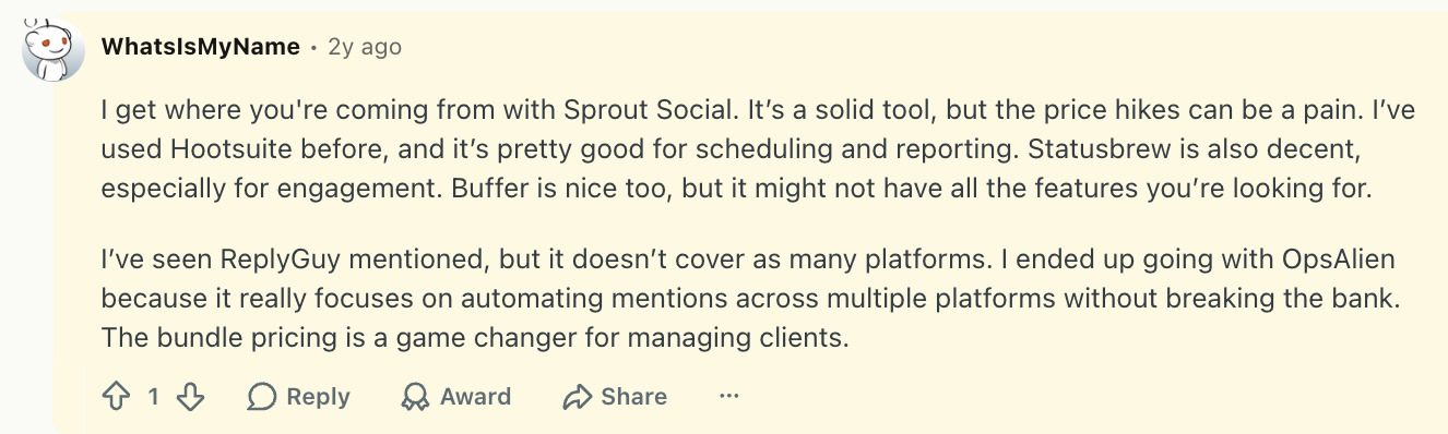 Sprout Social pricing on Reddit: a user calls it a solid tool with painful price hikes