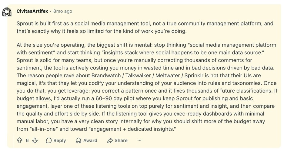 Sprout Social reviews on Reddit: a community manager explains why Sprout feels limited for community work