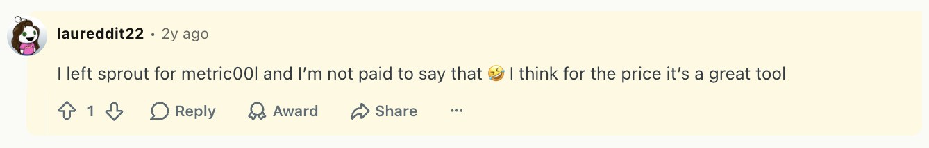 Sprout Social reviews on Reddit: a user says they left Sprout for Metricool over price