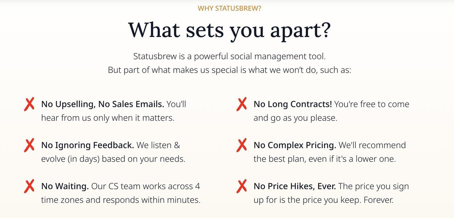 Statusbrew price lock: the pricing FAQ stating there are no price hikes ever