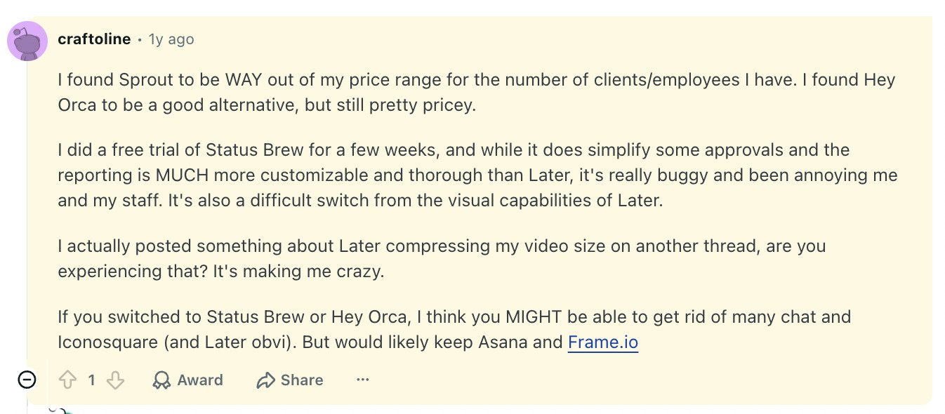 Statusbrew review on Reddit: an agency owner calls the reporting thorough and the product buggy after a free trial