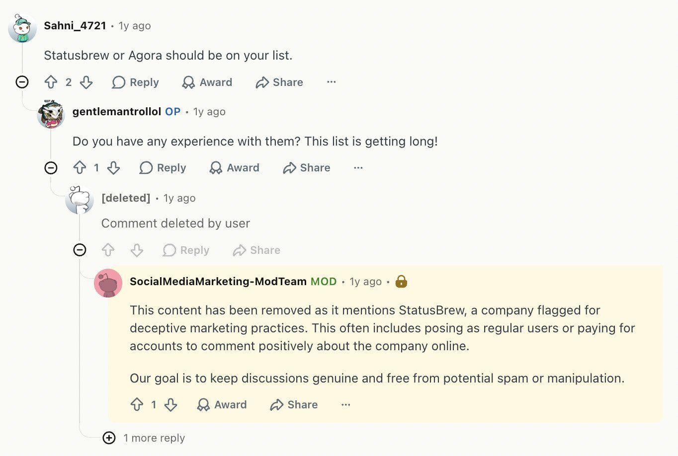 Statusbrew reviews on Reddit: a moderator notice removing a Statusbrew mention for deceptive marketing practices