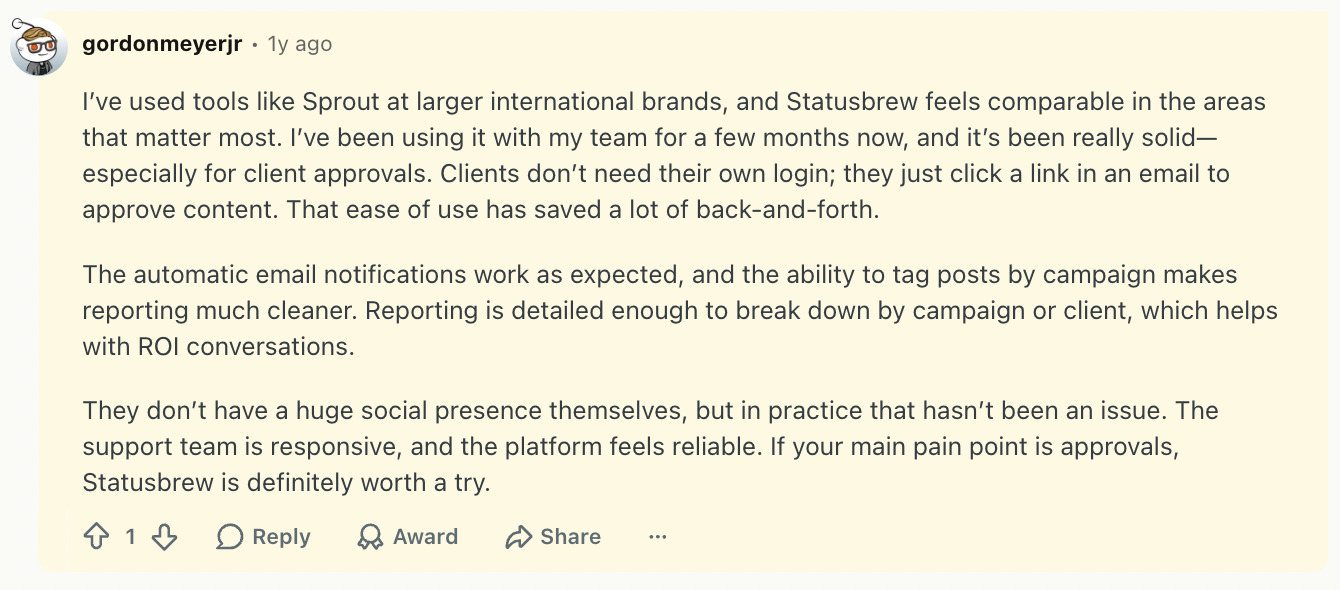 Statusbrew reviews on Reddit: a user praising client approvals that need no client login