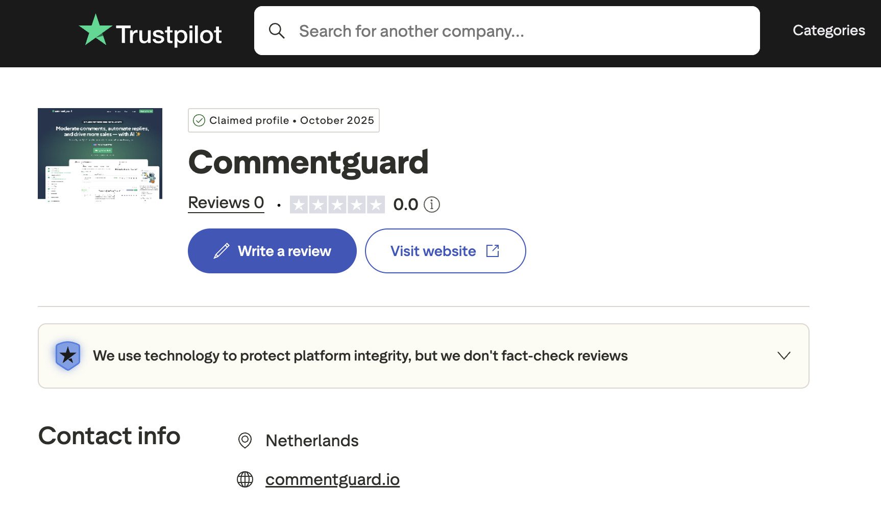 CommentGuard Trustpilot page showing a claimed profile with zero reviews and no rating