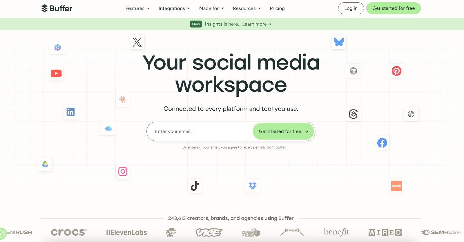 Buffer social media management tool - homepage and main call to action