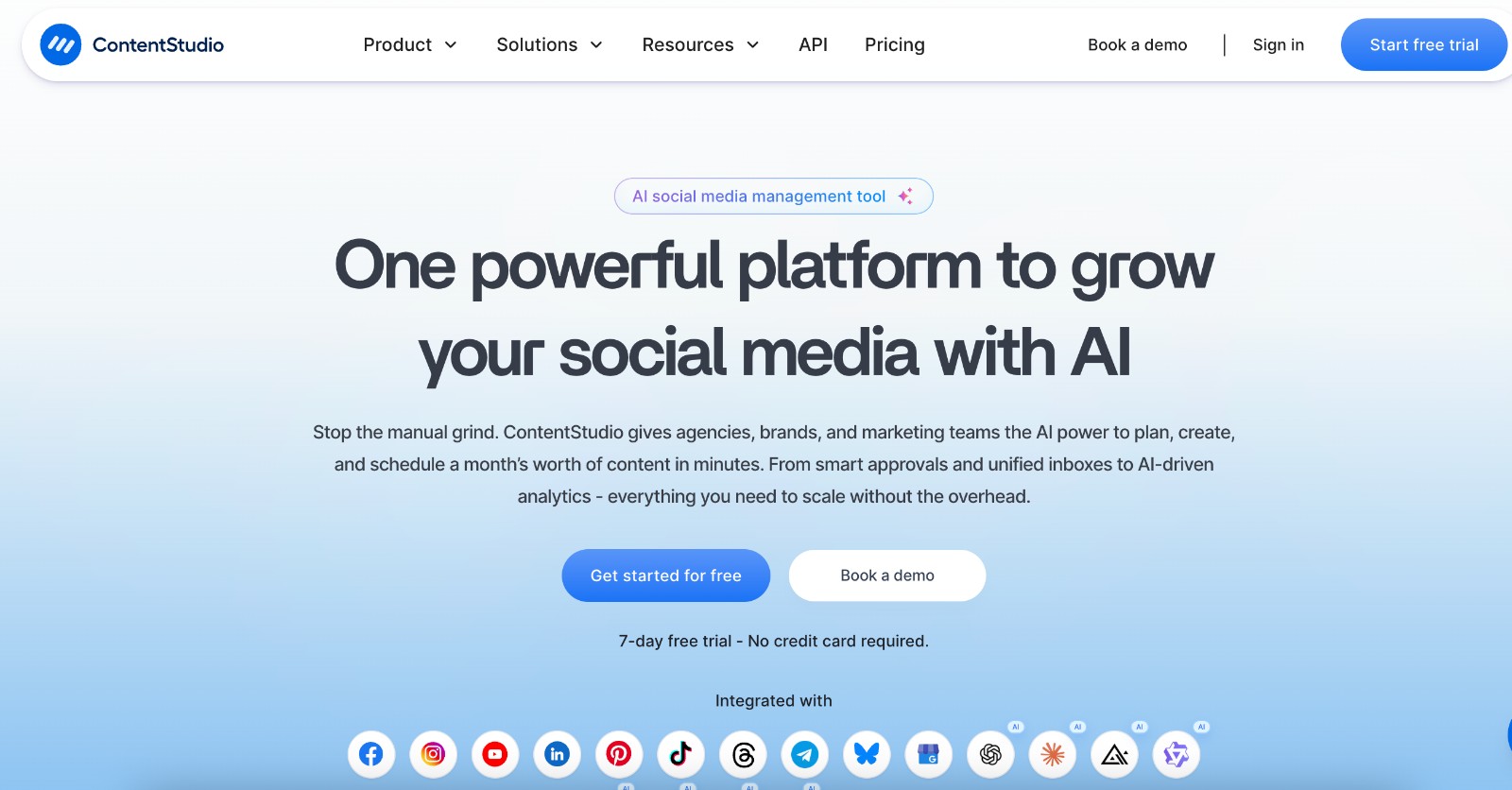 ContentStudio social media scheduling tool - homepage and main call to action