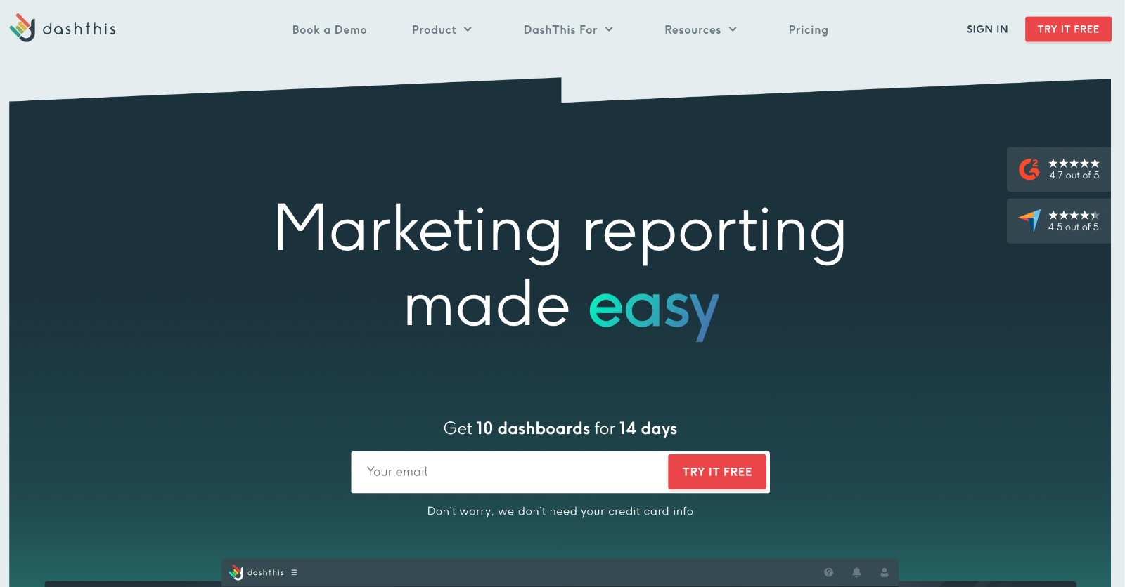DashThis social media analytics tool - homepage and main call to action