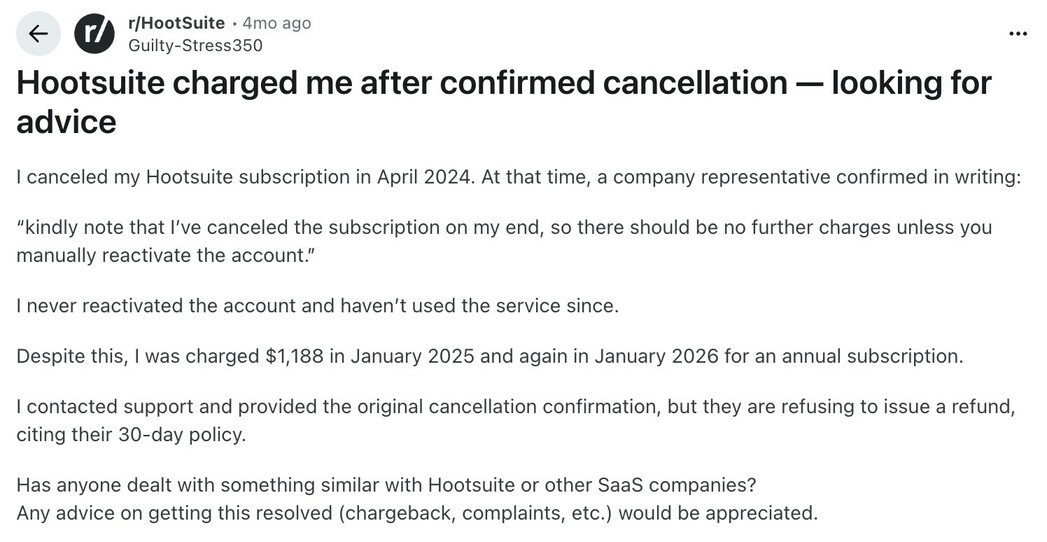 Hootsuite review on Reddit – user charged $1,188 twice after a written cancellation confirmation