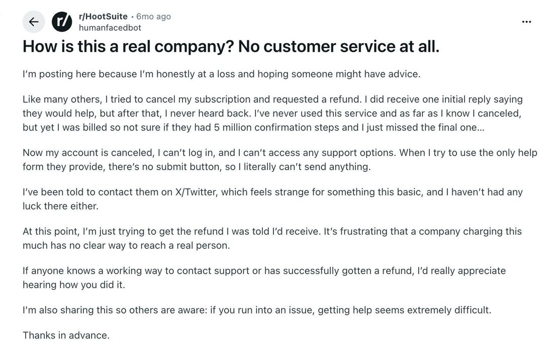 Hootsuite customer service complaints on Reddit – thread asking how the company operates with no humans to answer questions