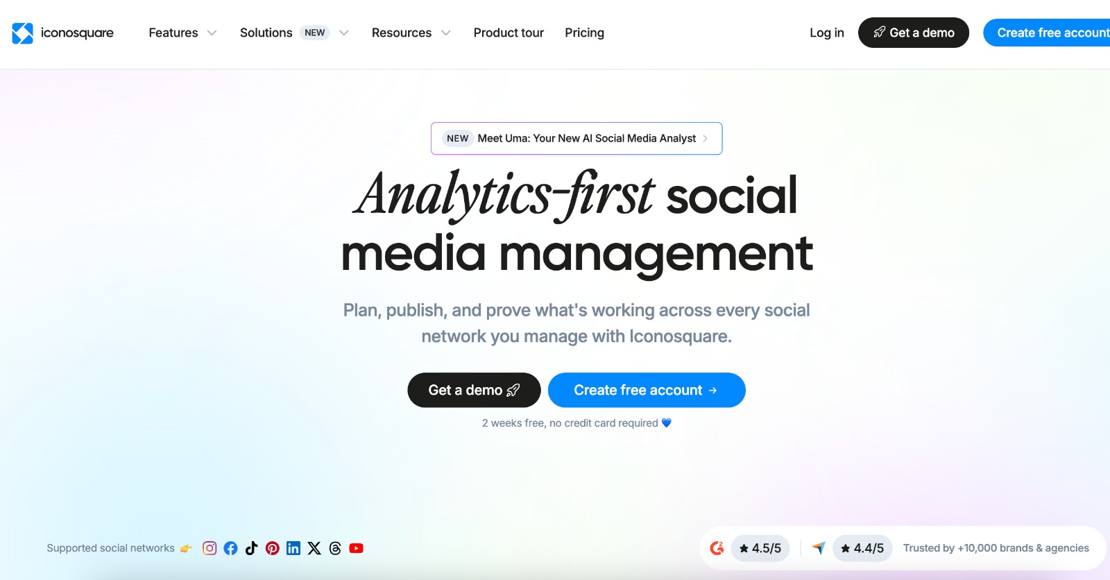 Iconosquare social media analytics tool - homepage and main call to action
