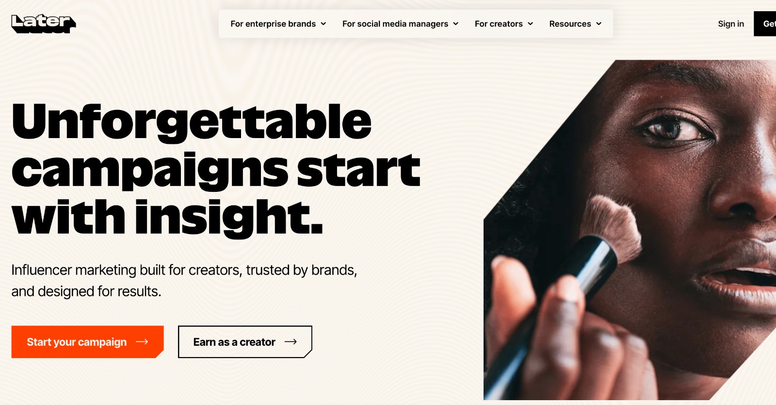 Later social media management tool - homepage and main call to action