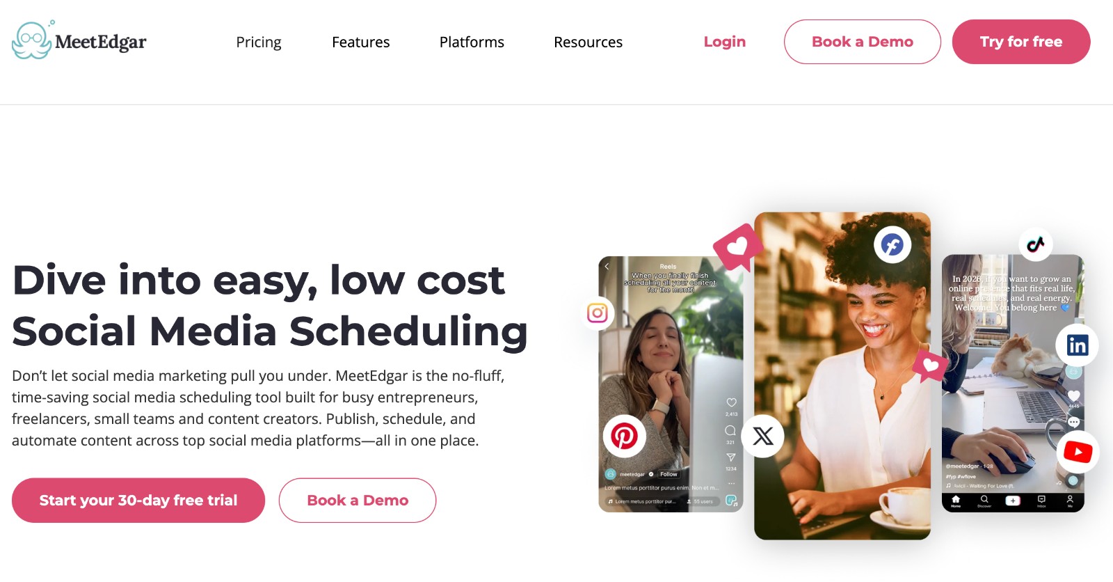 MeetEdgar social media scheduling tool - homepage and main call to action