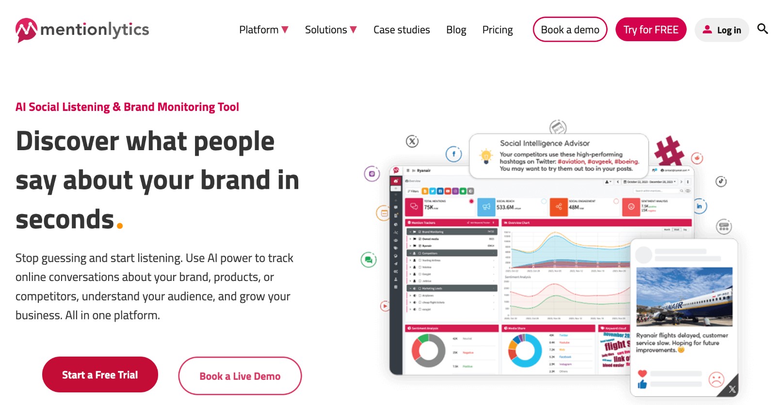 Mentionlytics social media analytics tool - homepage and main call to action
