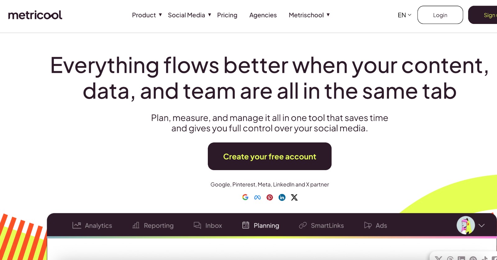 Metricool social media management tool - homepage and main call to action