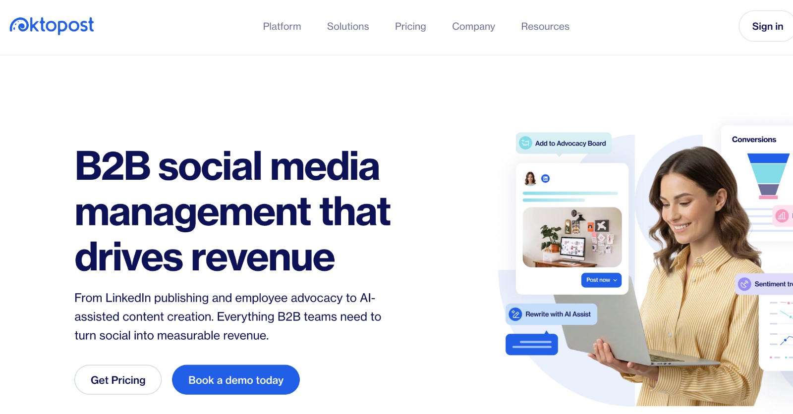 Oktopost social media management tool - homepage and main call to action