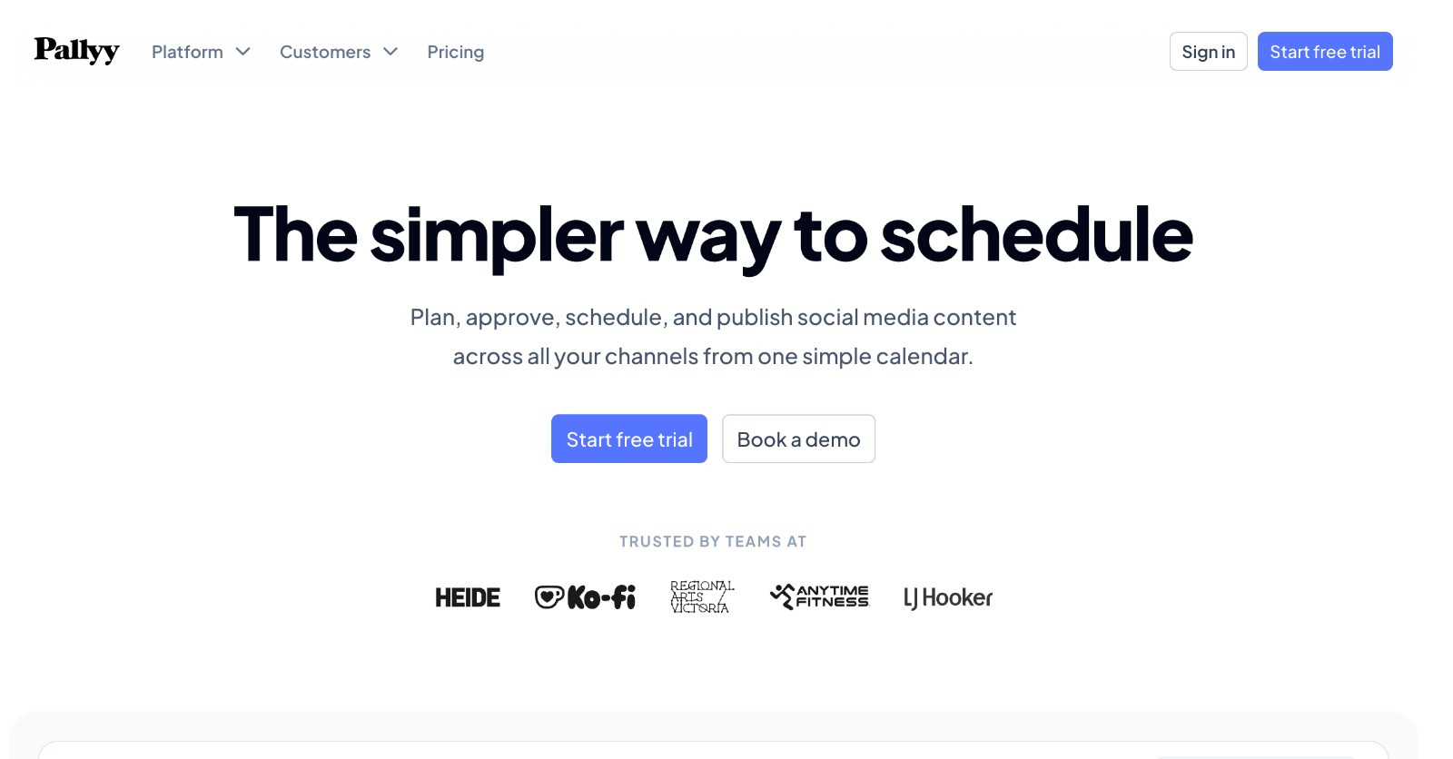 Pallyy social media scheduling tool - homepage and main call to action