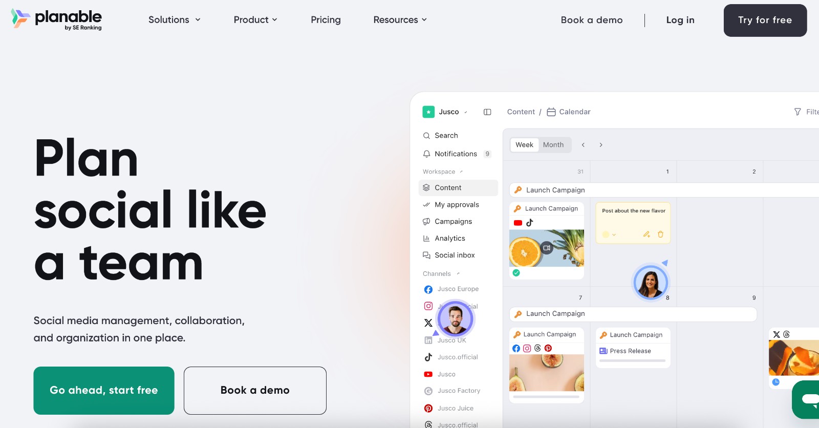 Planable social media management tool - homepage and main call to action