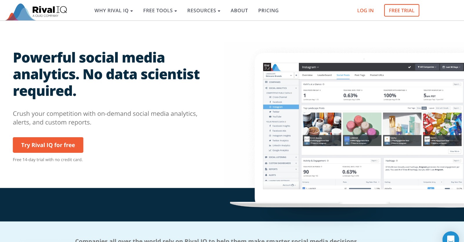 Rival IQ social media analytics tool - homepage and main call to action
