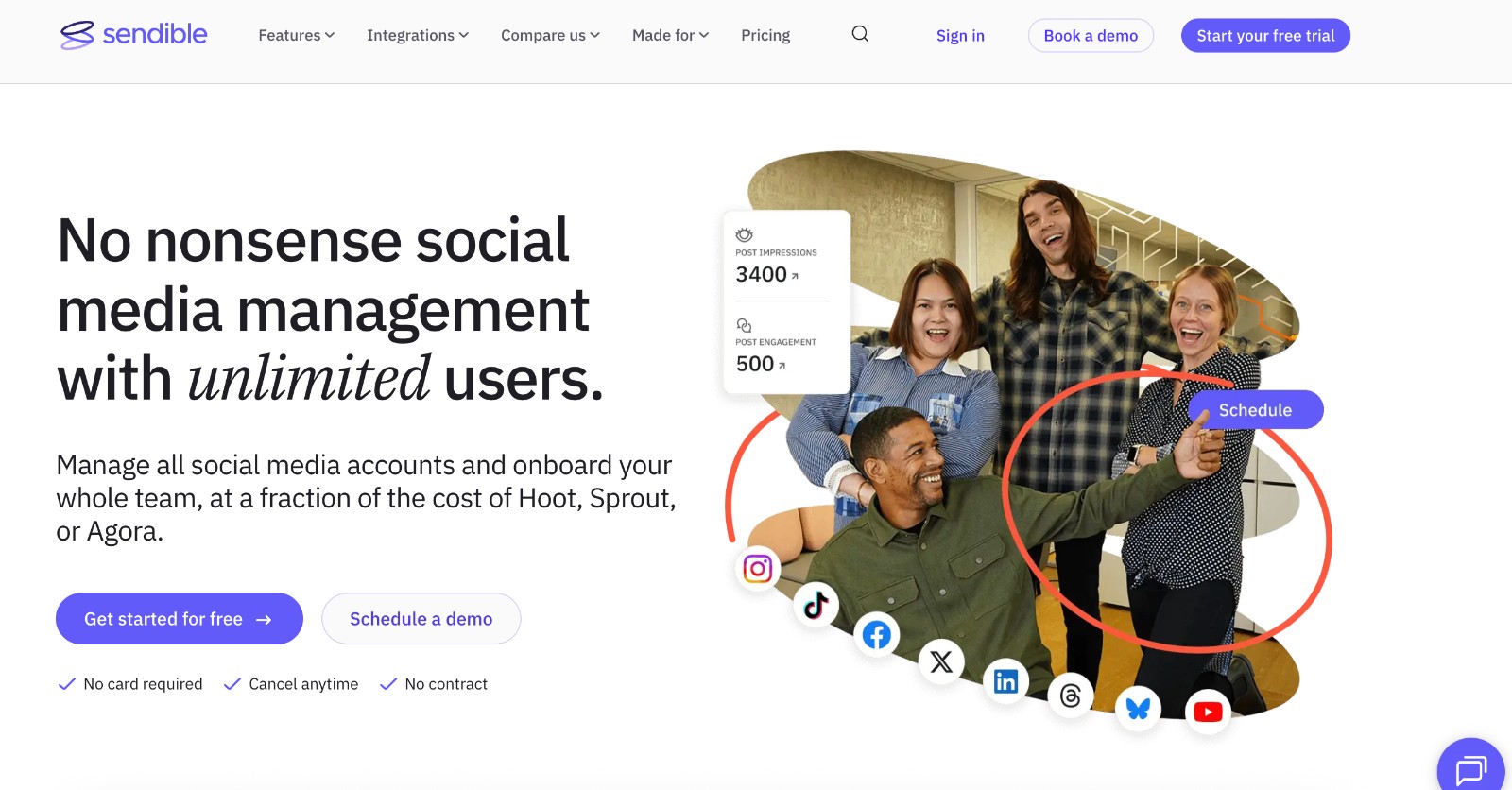 Sendible social media management tool - homepage and main call to action