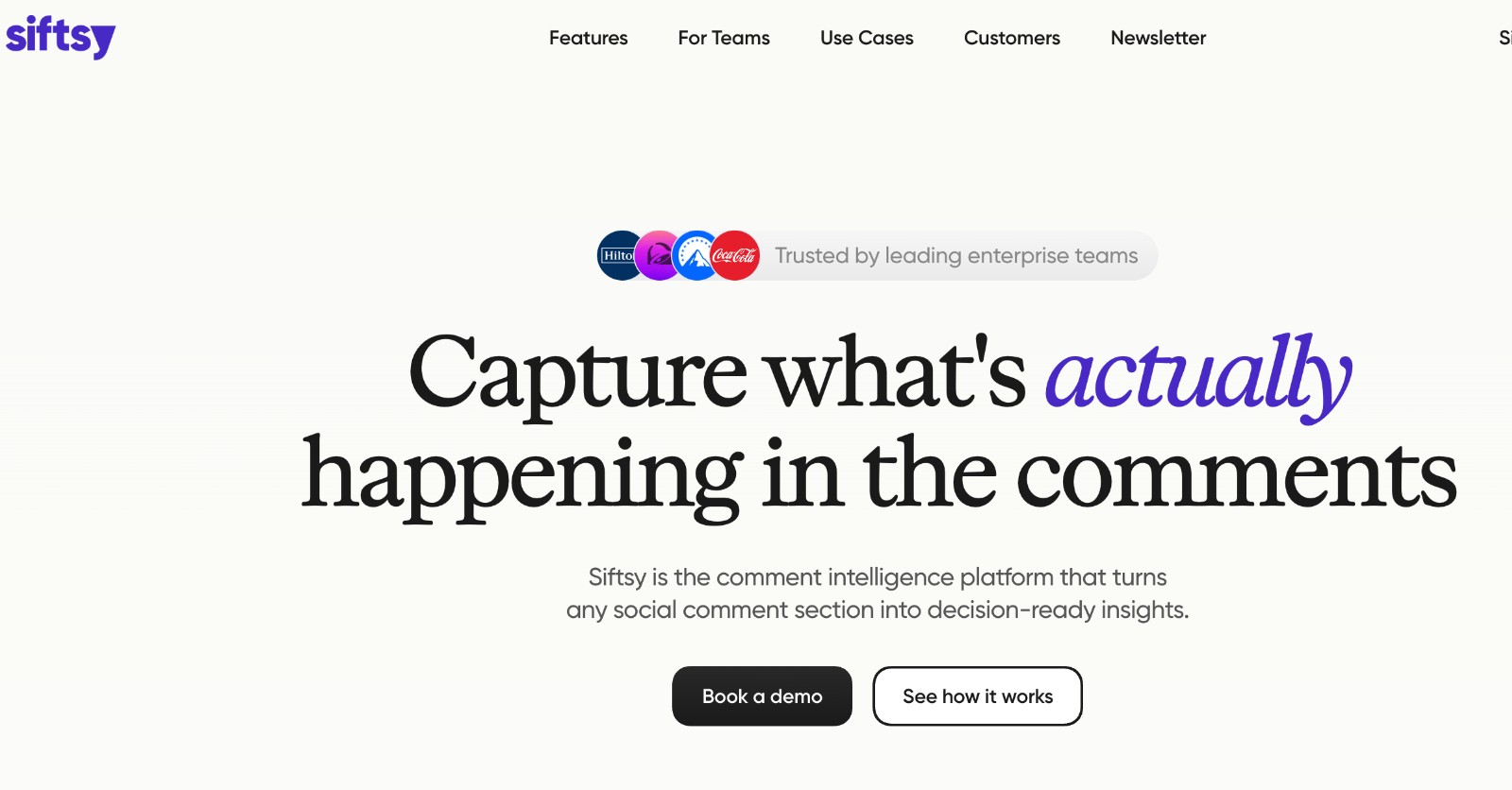 Siftsy social media analytics tool - homepage and main call to action