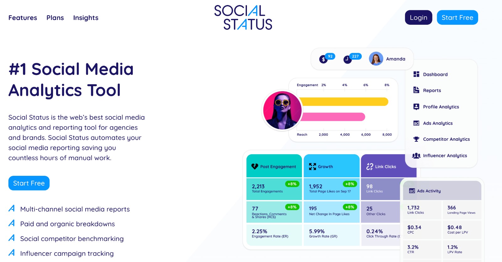 Social Status social media analytics tool - homepage and main call to action