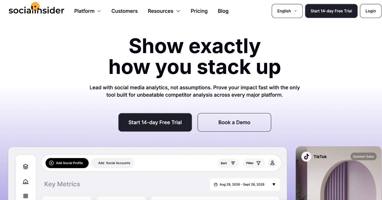 Socialinsider social media analytics tool - homepage and main call to action