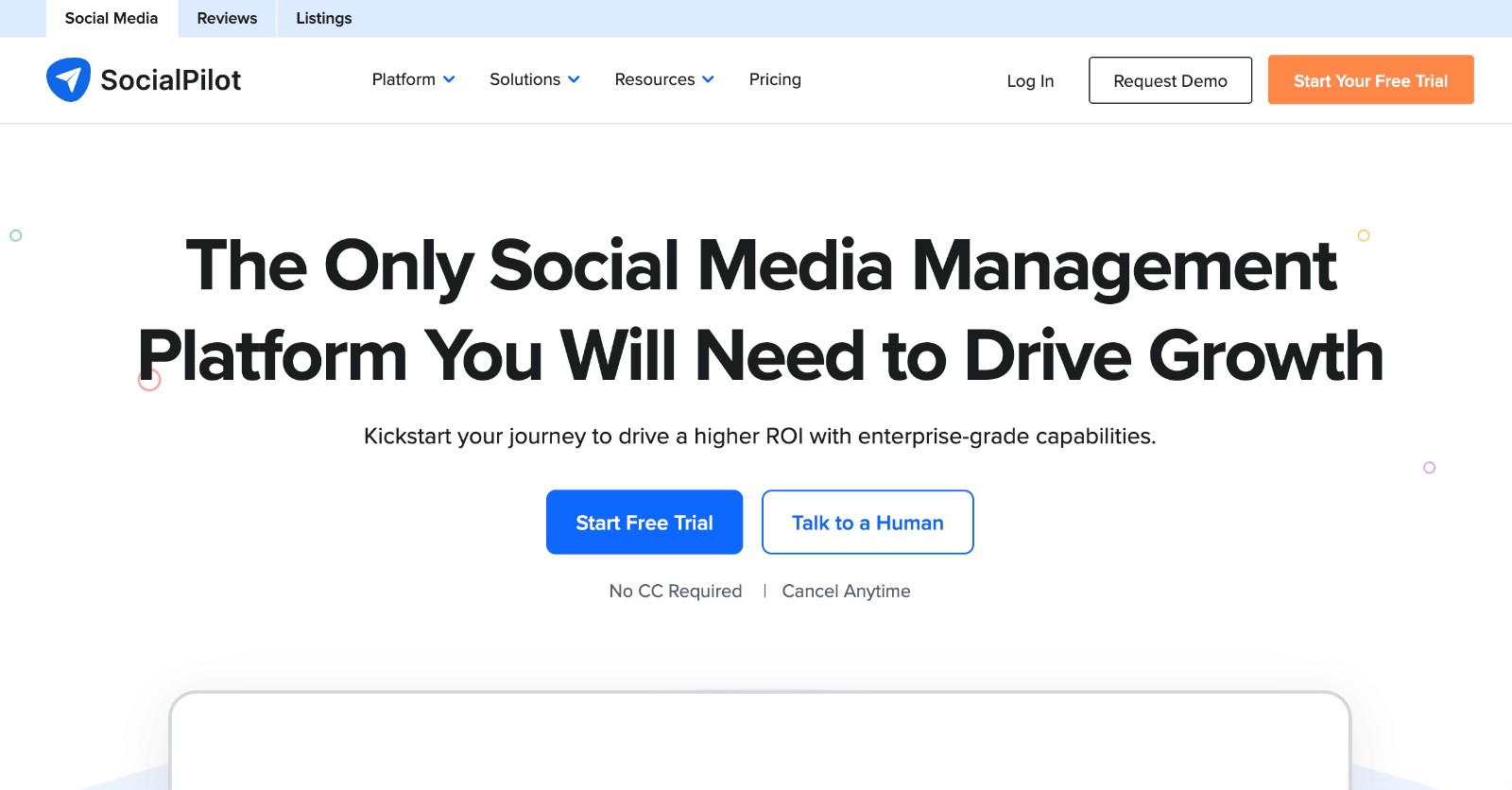 SocialPilot social media management tool - homepage and main call to action