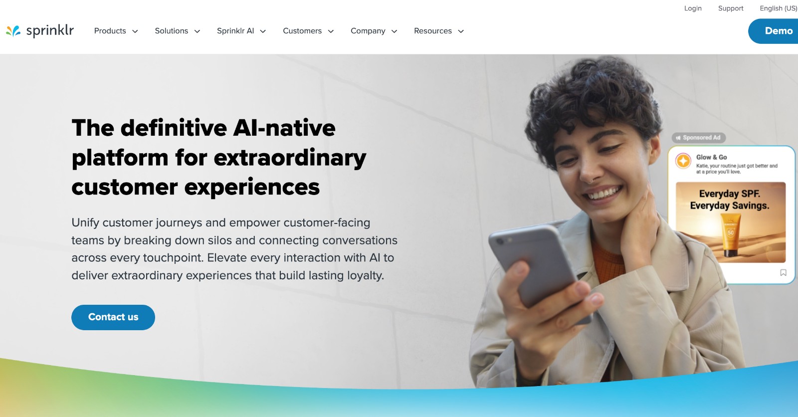 Sprinklr social media management tool - homepage and main call to action