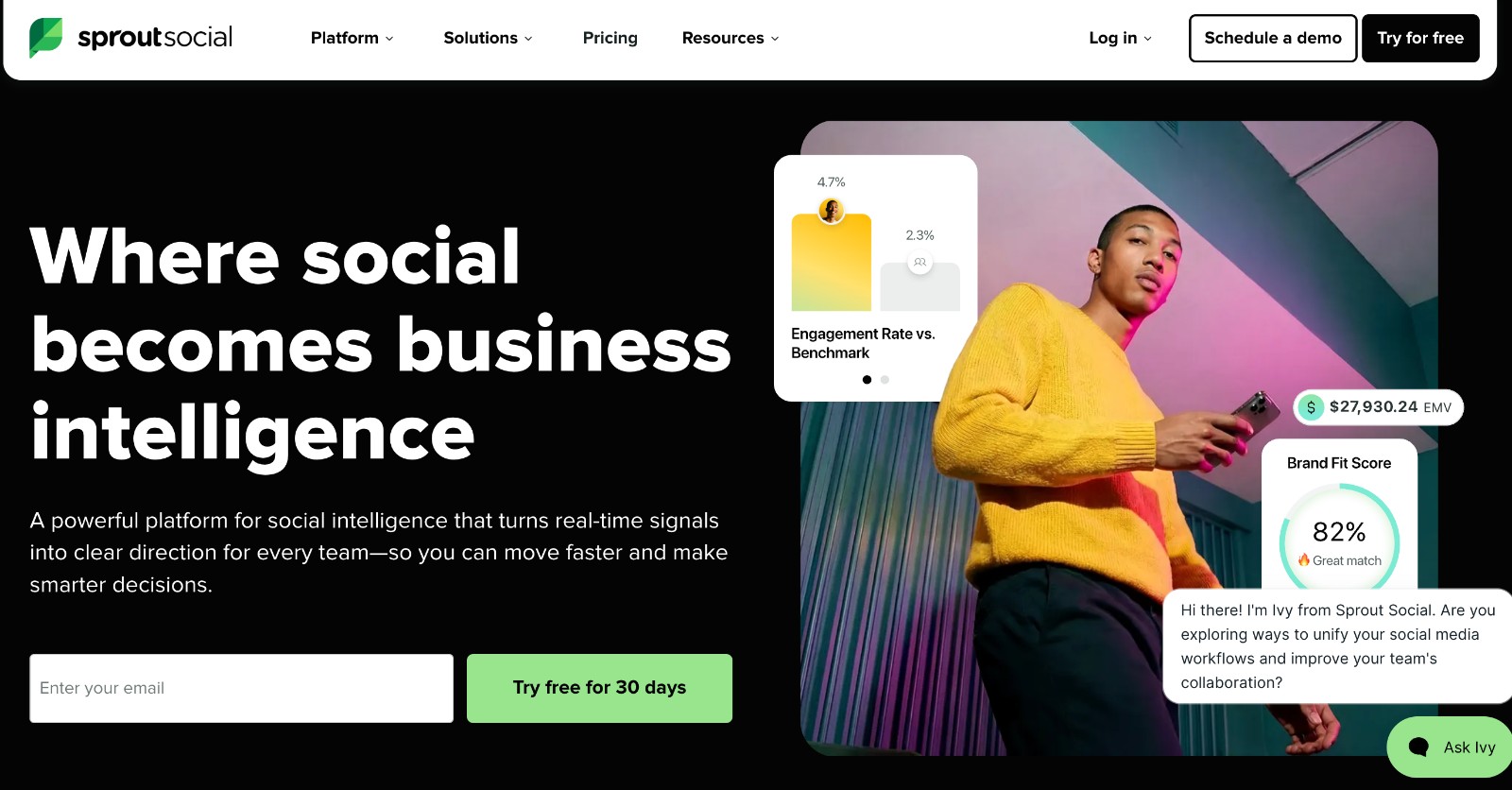 Sprout Social social media management tool - homepage and main call to action