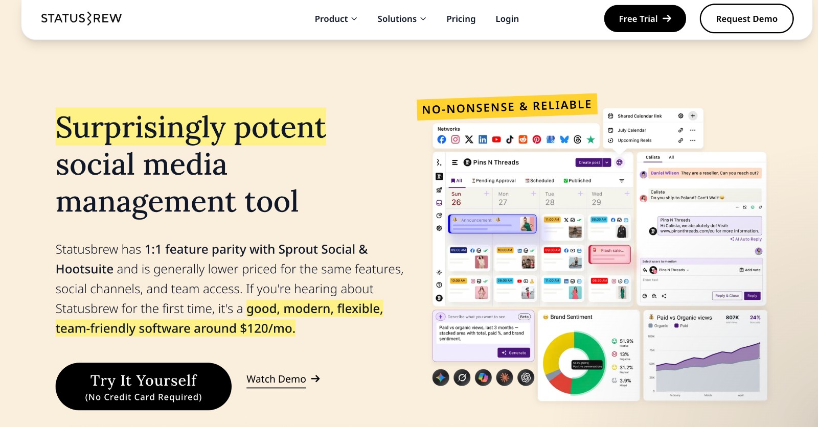 Statusbrew social media management tool - homepage and main call to action