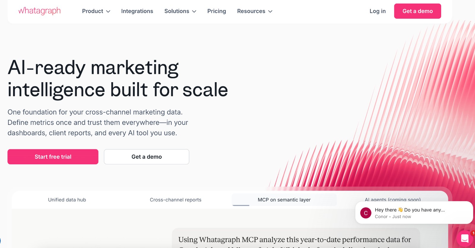 Whatagraph social media analytics tool - homepage and main call to action