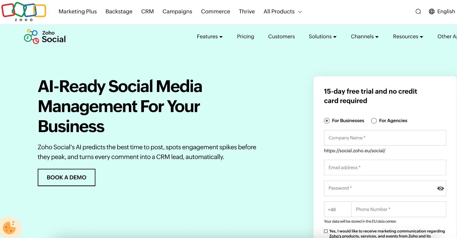 Zoho Social social media management tool - homepage and main call to action