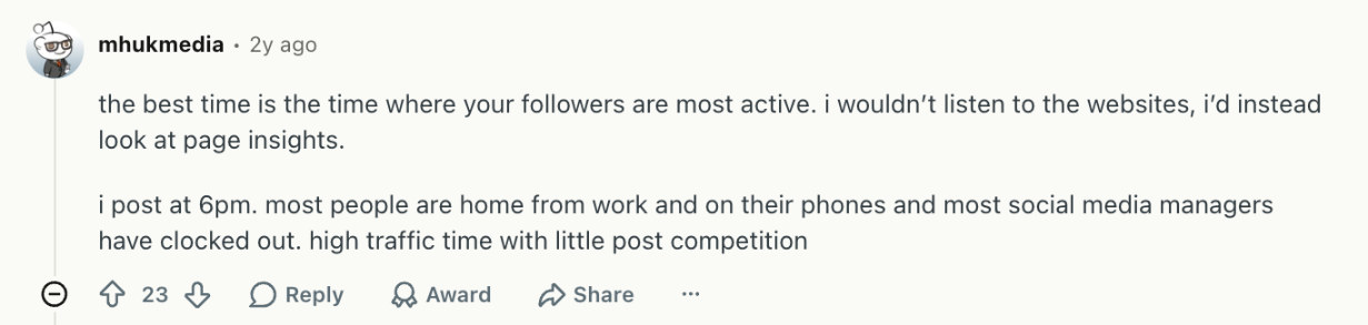 Best time to post on TikTok - Reddit comment saying 6pm works because followers are home and social media managers have clocked out