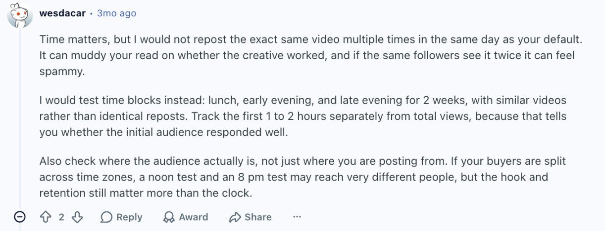 Two-week time block test for finding the best time to post on TikTok, tracking the first hours separately