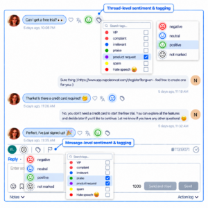 View of NapoleonCat's social inbox with sentiment marks for individual messages or whole conversations