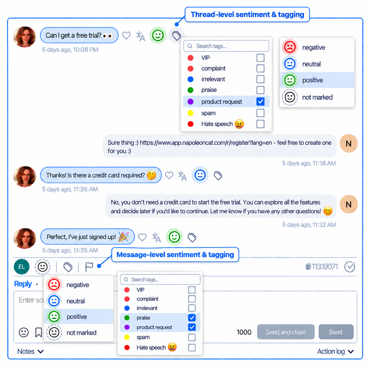 View of NapoleonCat's social inbox with sentiment marks for individual messages or whole conversations