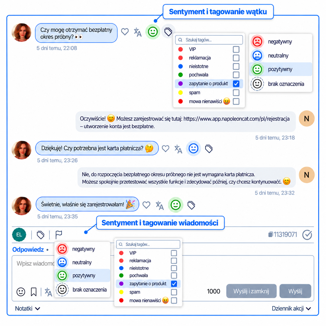 widok wiadomości i wątków w Social Inbox NapoleonCat