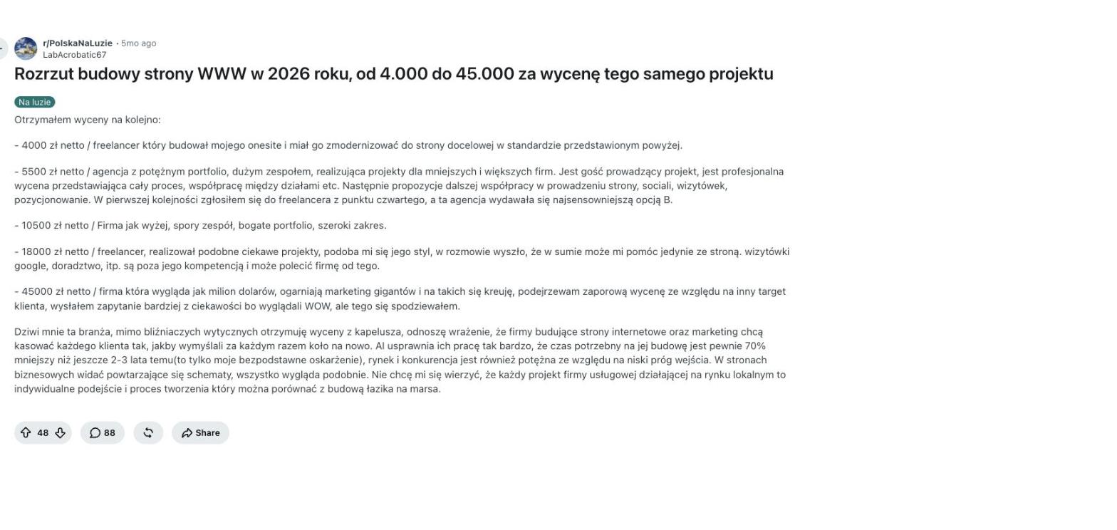 Ile kosztuje agencja marketingowa – wpis na r/PolskaNaLuzie z pięcioma wycenami tego samego projektu od 4 000 do 45 000 zł netto