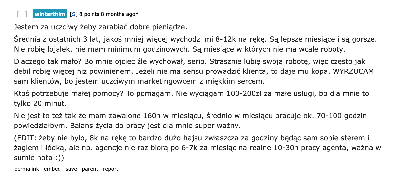 zarobki freelancera w marketingu na Reddicie - średnia 8 000-12 000 zł na rękę z trzech lat, bez umów lojalnościowych i z miesiącami bez zleceń
