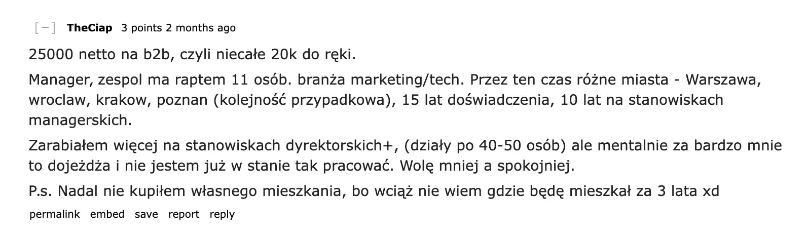 zarobki w marketingu na Reddicie - manager w branży marketing/tech podaje 25 000 zł netto na B2B przy 15 latach doświadczenia