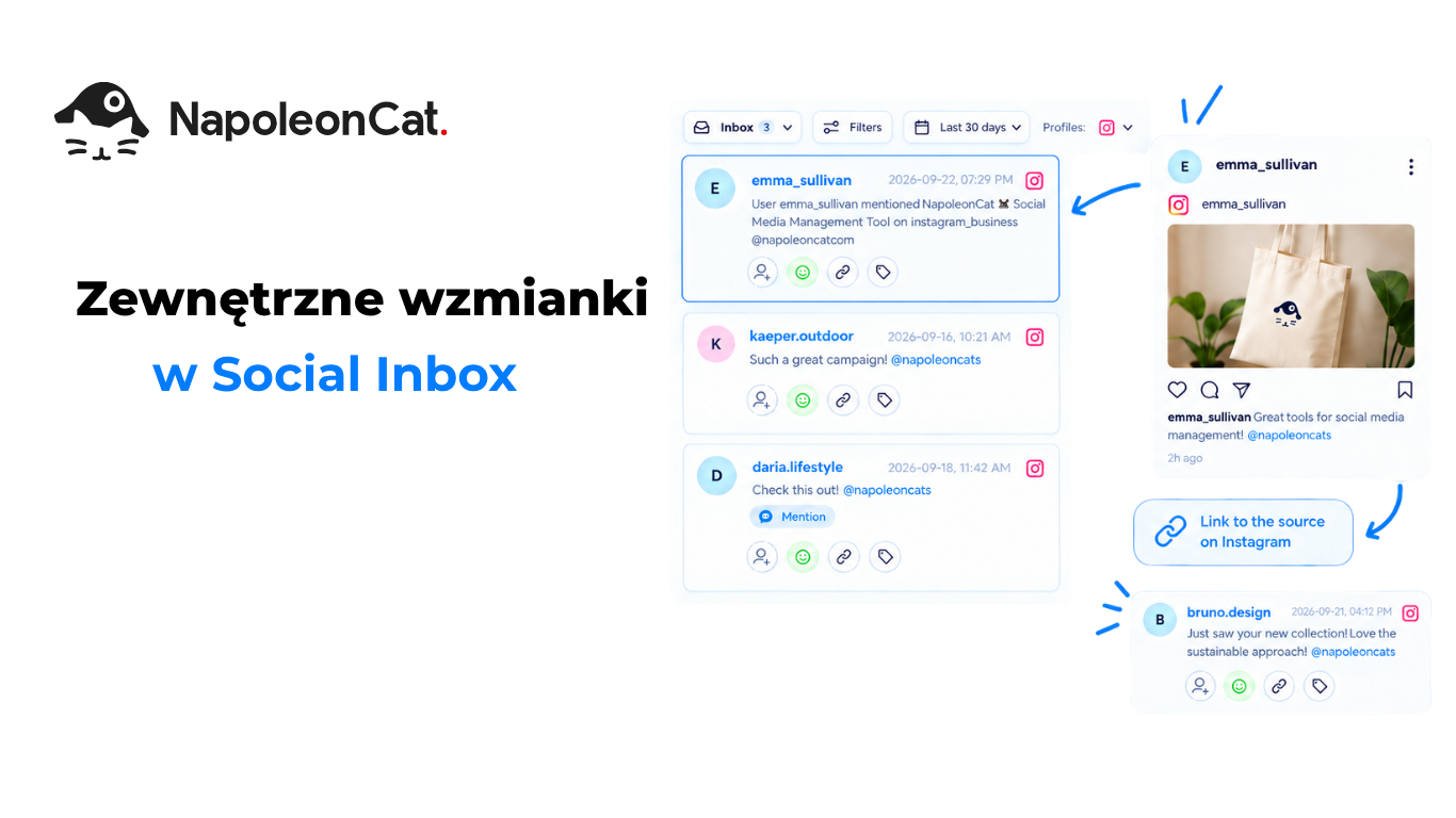 Ticket wzmianki w Social Inboxie pokazujący wzmiankę na Instagramie z innego konta oraz oryginalny post na Instagramie z linkiem do jego źródła.