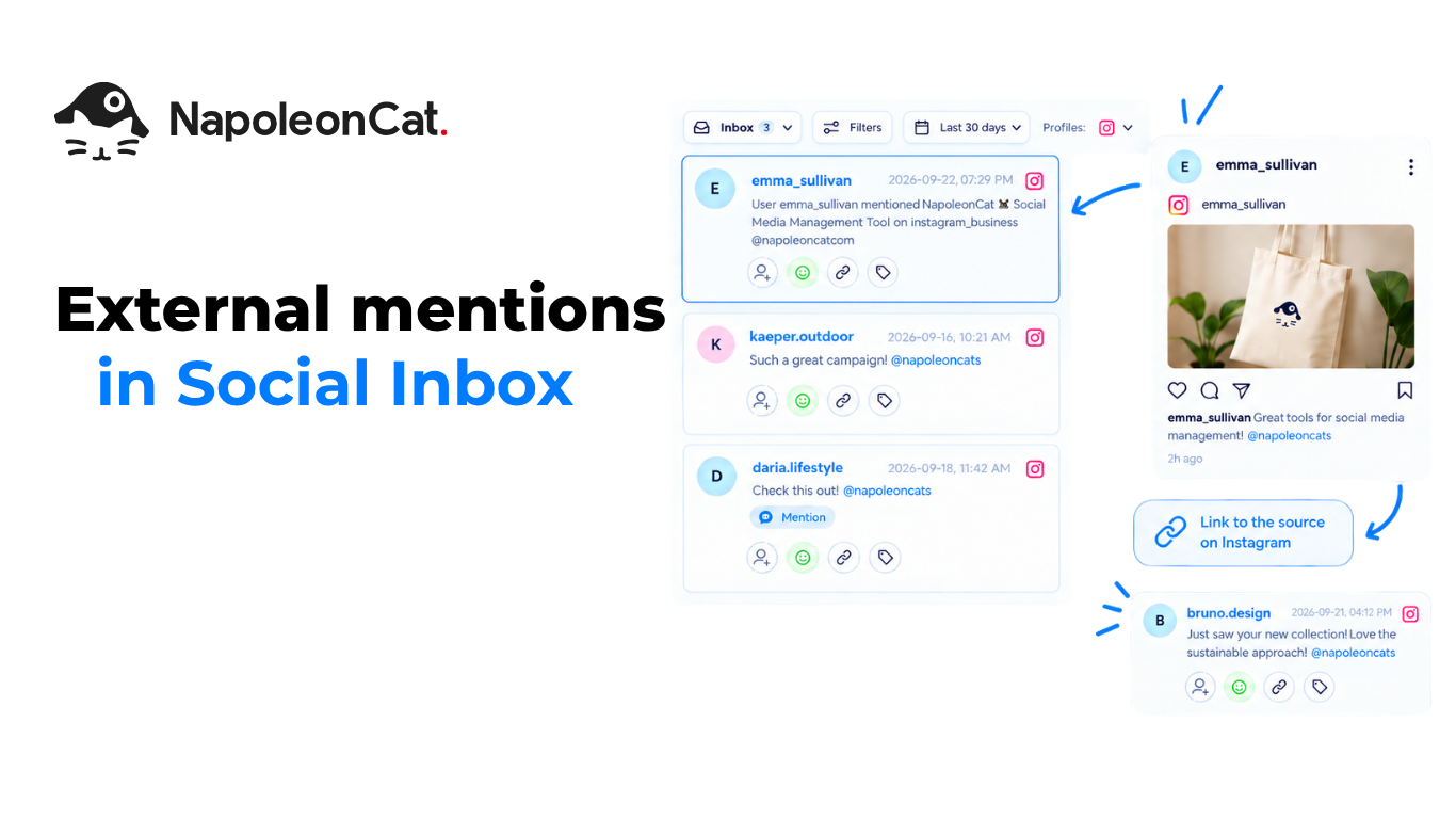 A Social Inbox mention ticket showing an Instagram mention from another account, alongside the original Instagram post with a link to its source.