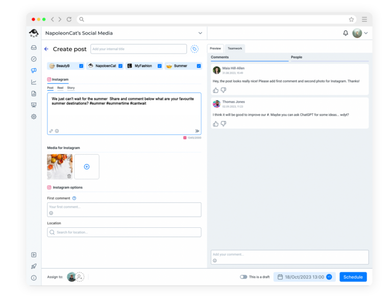 NapoleonCat's Instagram composer: the Post, Reel and Story tabs with the first-comment and location fields