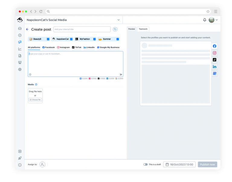 NapoleonCat's post composer with several connected Google Business Profile locations ticked