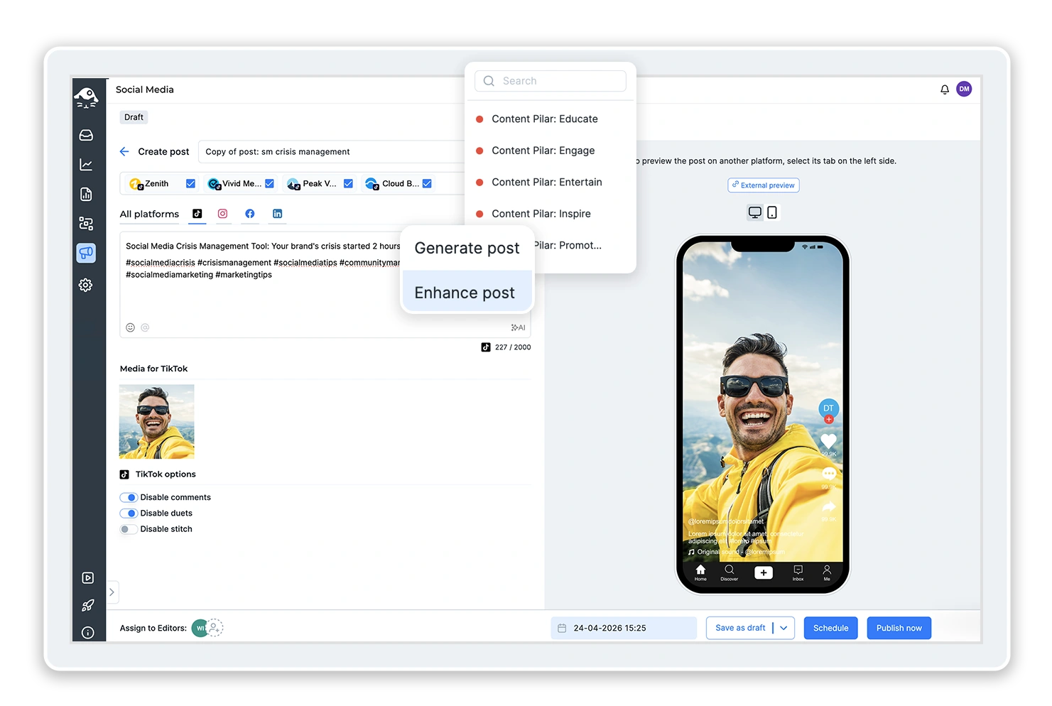Publisher de NapoleonCat: publicación de TikTok creada con IA, con vista previa en un teléfono y lista para programar